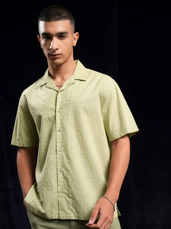 Highlander Green Textured Relaxed Fit Casual Shirt