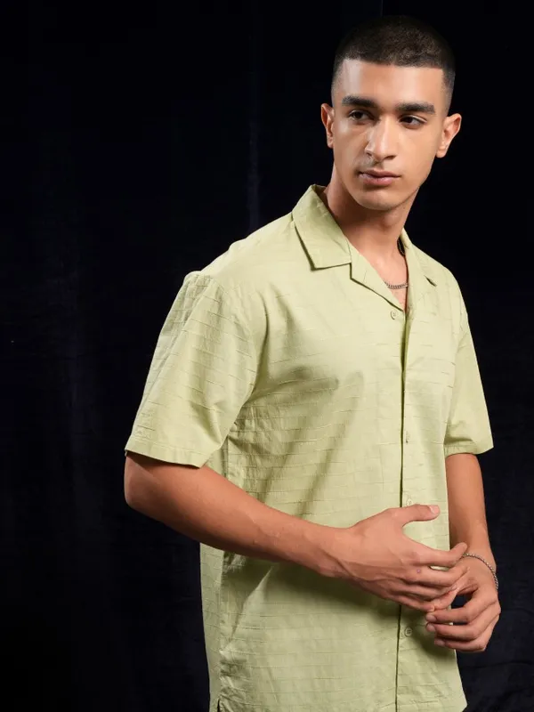 Highlander Green Textured Relaxed Fit Casual Shirt