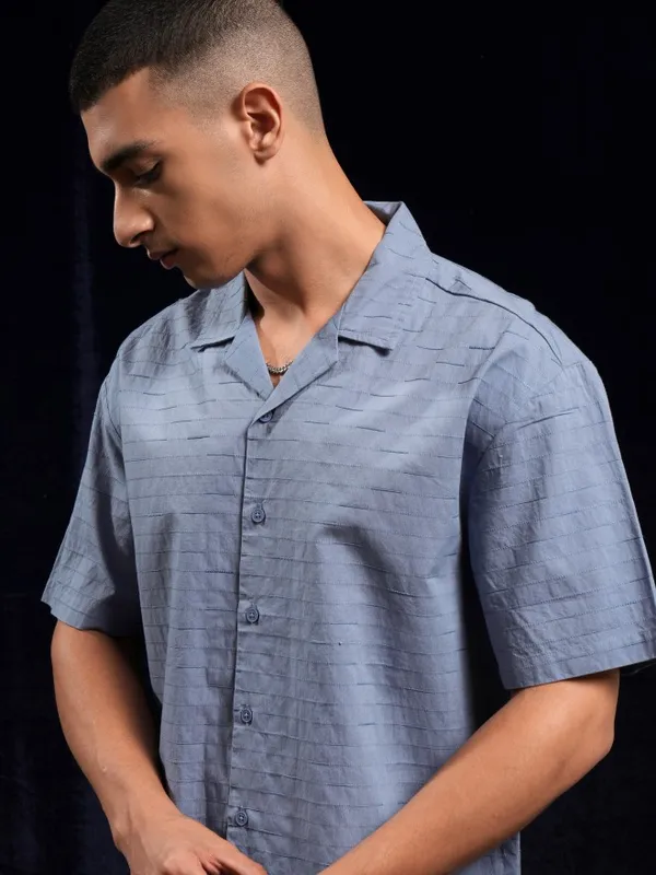 Highlander Men Blue Self Design Relaxed Fit Casual Shirt
