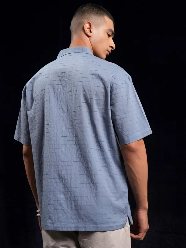 Highlander Men Blue Self Design Relaxed Fit Casual Shirt