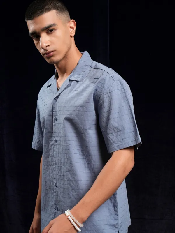 Highlander Men Blue Self Design Relaxed Fit Casual Shirt