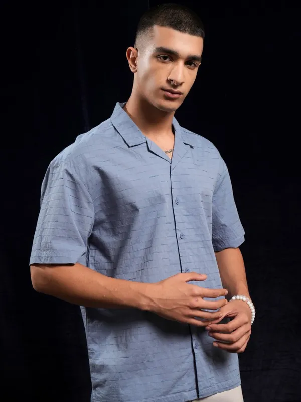 Highlander Men Blue Self Design Relaxed Fit Casual Shirt