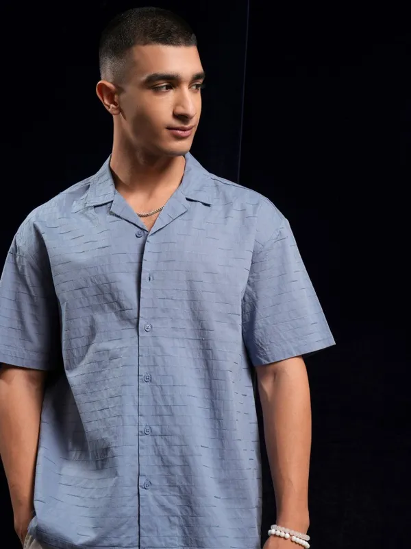 Highlander Men Blue Self Design Relaxed Fit Casual Shirt