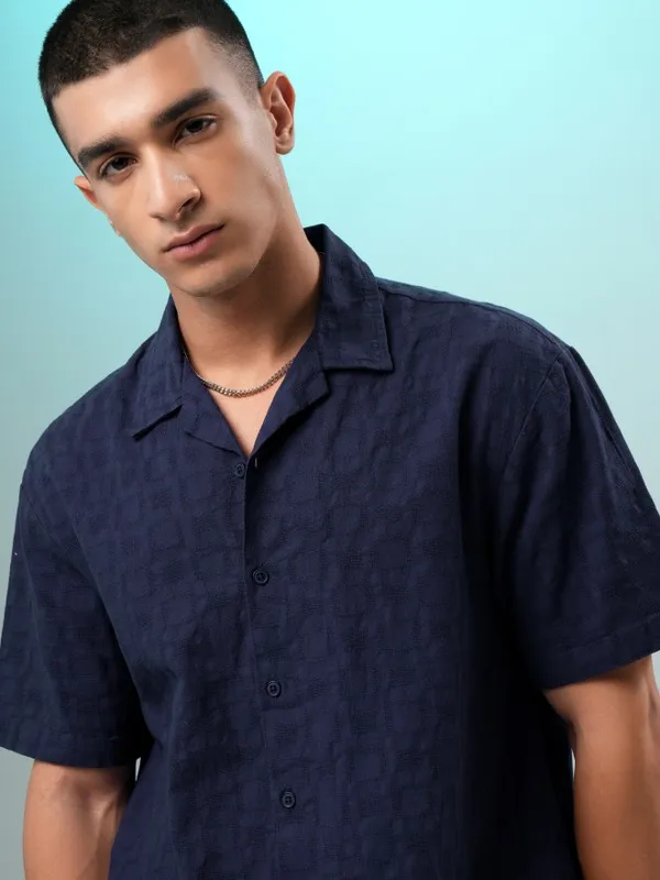 Highlander Men Navy Blue Self Design Relaxed Fit Casual Shirt