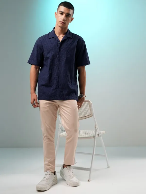 Highlander Men Navy Blue Self Design Relaxed Fit Casual Shirt