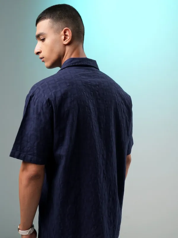 Highlander Men Navy Blue Self Design Relaxed Fit Casual Shirt