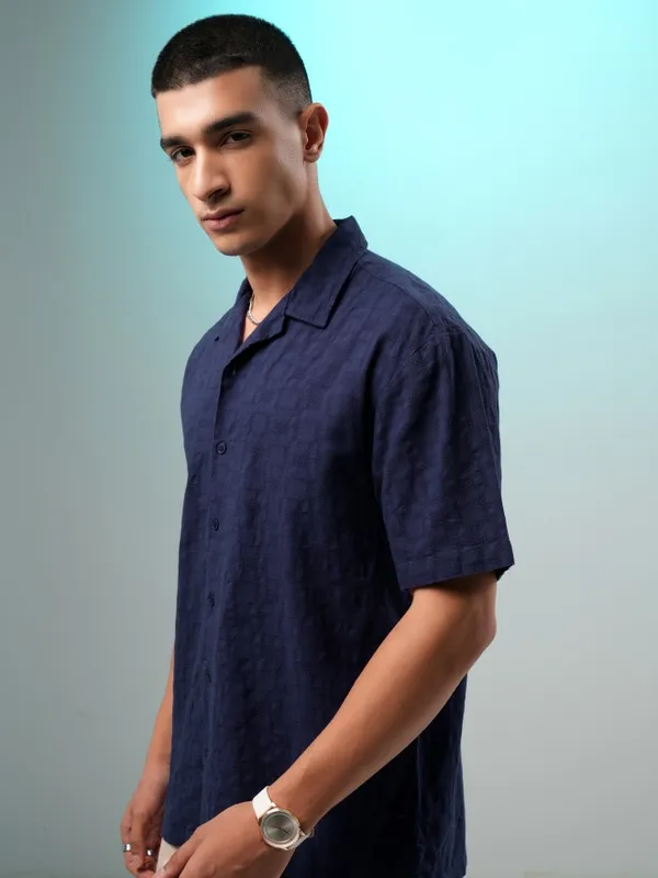 Highlander Men Navy Blue Self Design Relaxed Fit Casual Shirt