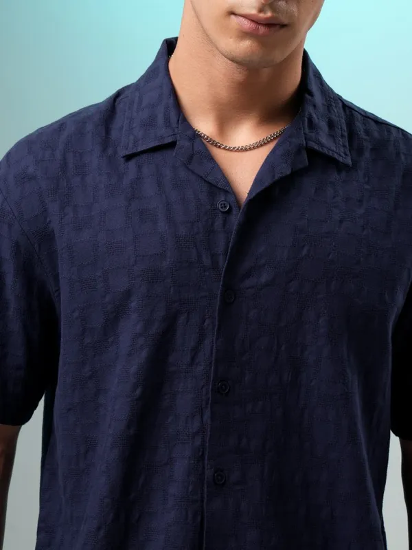 Highlander Men Navy Blue Self Design Relaxed Fit Casual Shirt