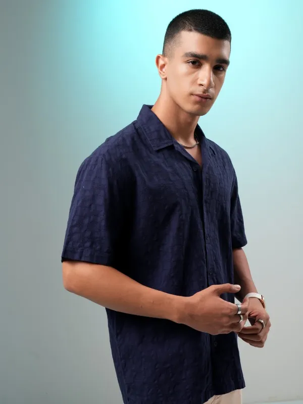 Highlander Men Navy Blue Self Design Relaxed Fit Casual Shirt