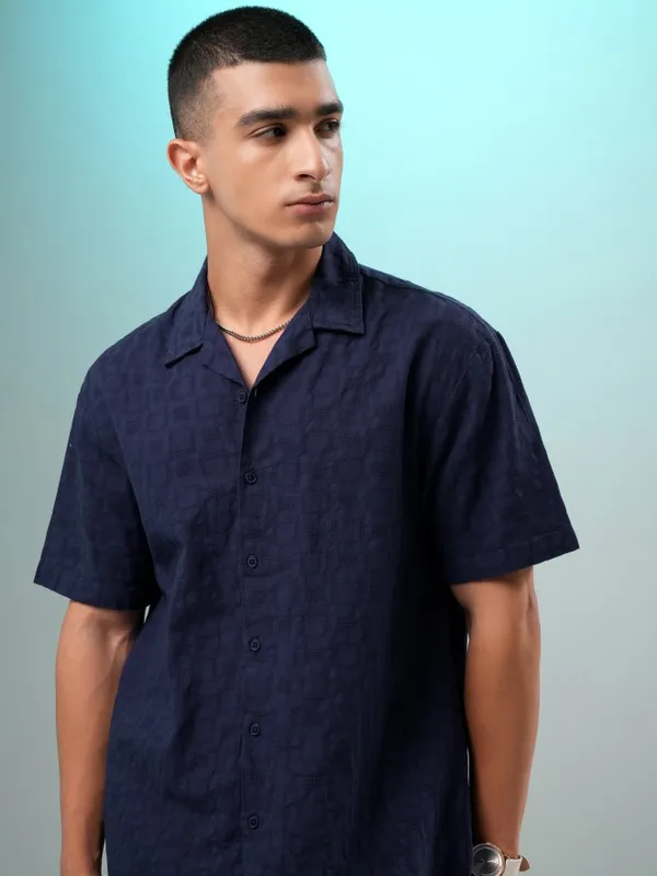 Highlander Men Navy Blue Self Design Relaxed Fit Casual Shirt
