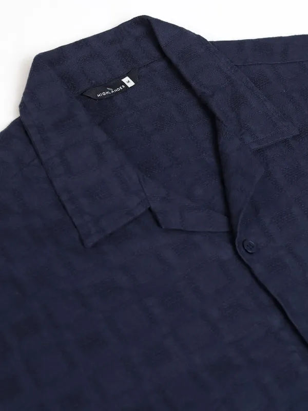 Highlander Men Navy Blue Self Design Relaxed Fit Casual Shirt