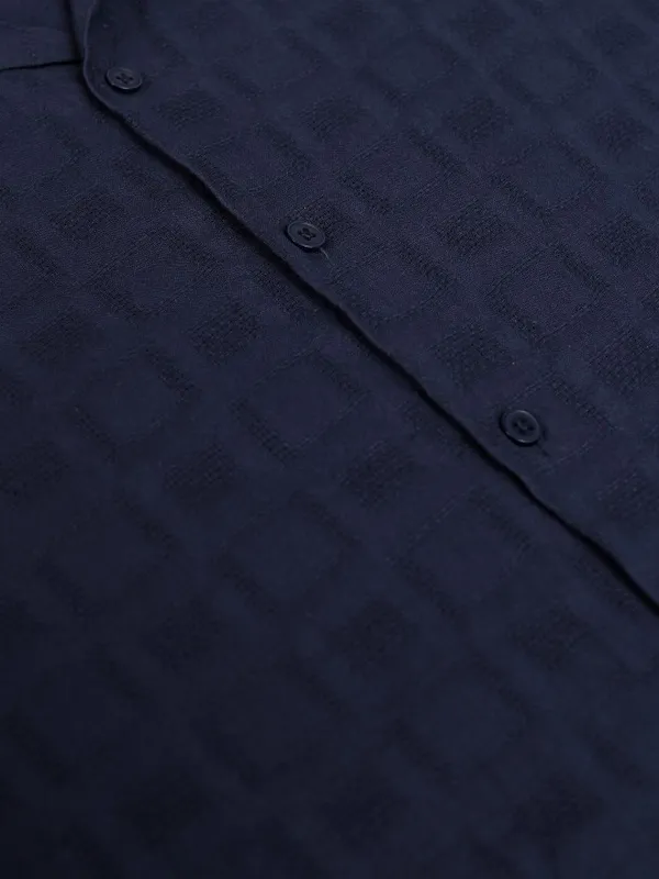 Highlander Men Navy Blue Self Design Relaxed Fit Casual Shirt