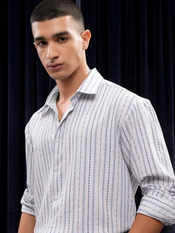 Highlander Men Grey Striped Relaxed Fit Casual Shirt