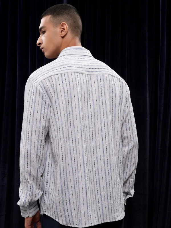 Highlander Men Grey Striped Relaxed Fit Casual Shirt