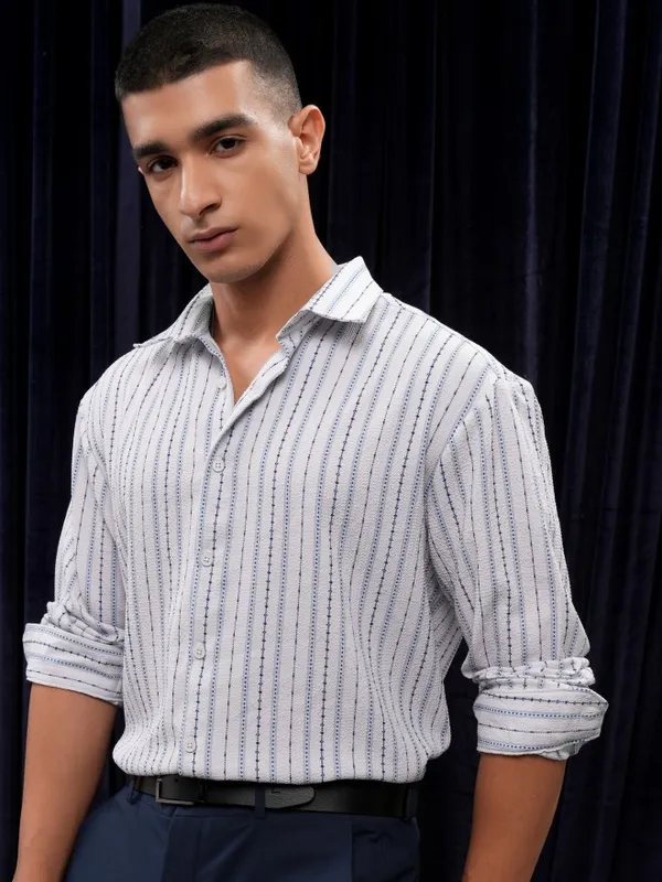 Highlander Men Grey Striped Relaxed Fit Casual Shirt