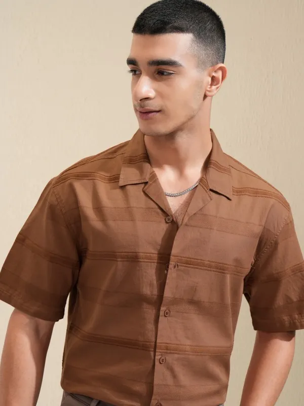 Highlander Men Brown Striped Relaxed Fit Casual Shirt