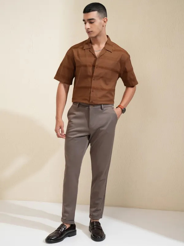 Highlander Men Brown Striped Relaxed Fit Casual Shirt