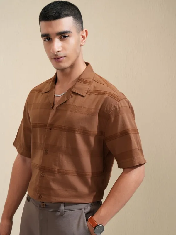 Highlander Men Brown Striped Relaxed Fit Casual Shirt
