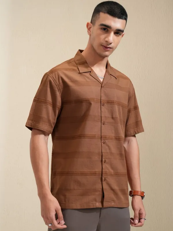 Highlander Men Brown Striped Relaxed Fit Casual Shirt