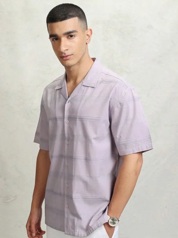 Highlander Men Lavender Striped Relaxed Fit Casual Shirt