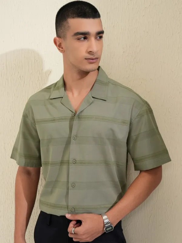 Highlander Men Olive Striped Relaxed Fit Casual Shirt