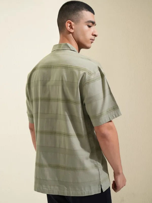 Highlander Men Olive Striped Relaxed Fit Casual Shirt