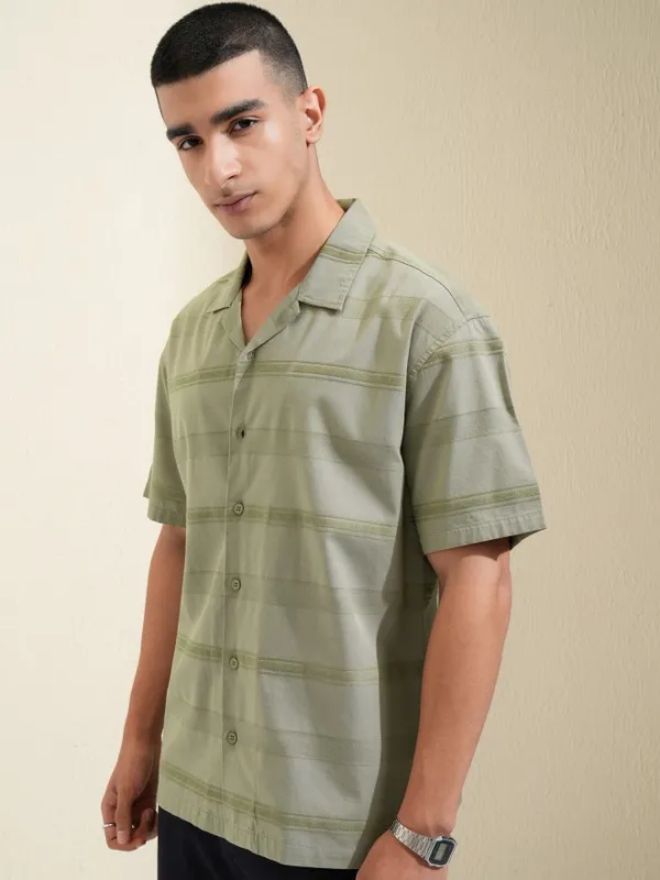Highlander Men Olive Striped Relaxed Fit Casual Shirt