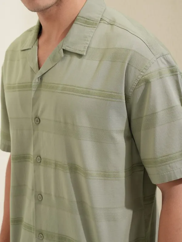Highlander Men Olive Striped Relaxed Fit Casual Shirt