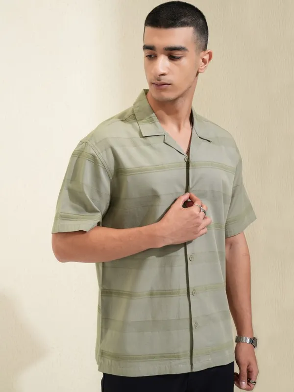 Highlander Men Olive Striped Relaxed Fit Casual Shirt