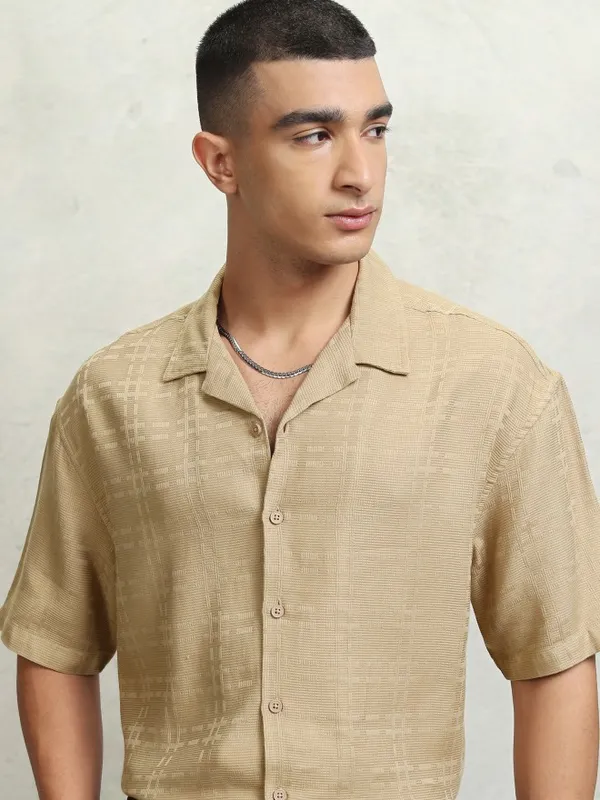 Highlander Men Beige Self Design Oversized Fit Casual Shirt
