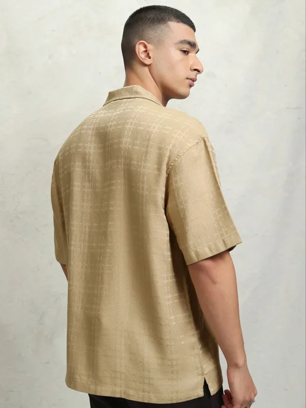 Highlander Men Beige Self Design Oversized Fit Casual Shirt