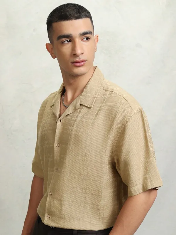Highlander Men Beige Self Design Oversized Fit Casual Shirt