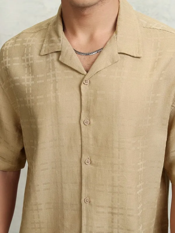 Highlander Men Beige Self Design Oversized Fit Casual Shirt