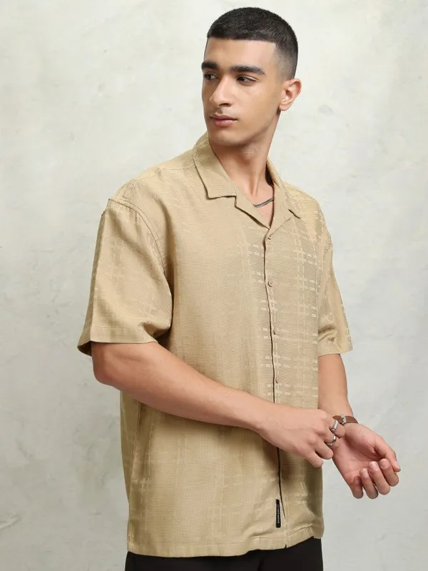 Highlander Men Beige Self Design Oversized Fit Casual Shirt