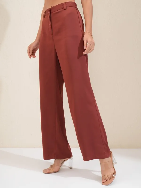 Tokyo Talkies Women Rust Regular Solid Wide Leg