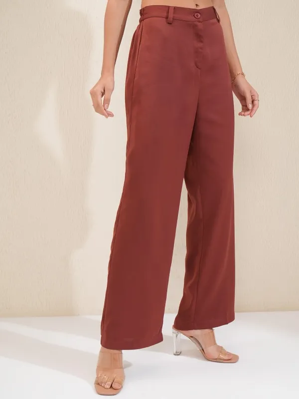 Tokyo Talkies Women Rust Regular Solid Wide Leg