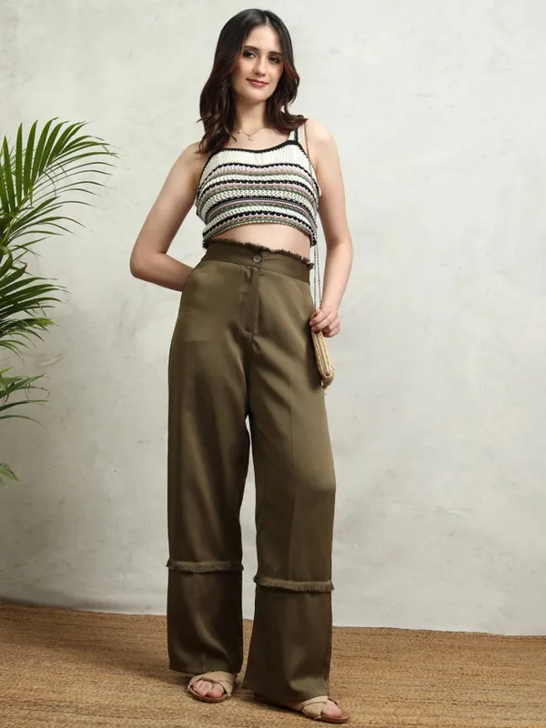 Tokyo Talkies Women Olive Solid Straight Fit Casual Trouser