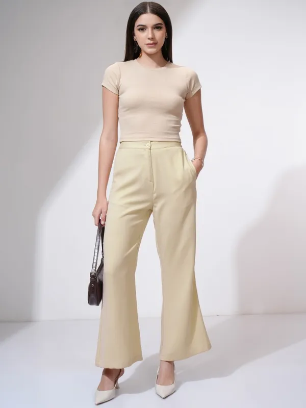 Tokyo Talkies Women Beige Solid Flared Casual Trouser