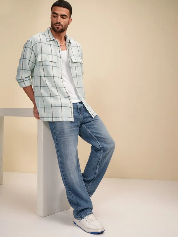 Locomotive Men Blue Checked Oversized Fit Casual Shirt
