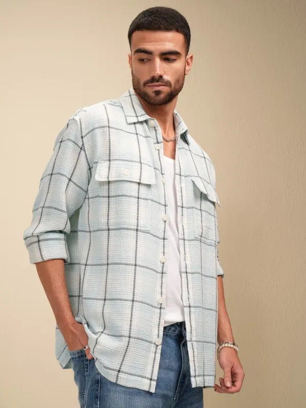 Locomotive Men Blue Checked Oversized Fit Casual Shirt