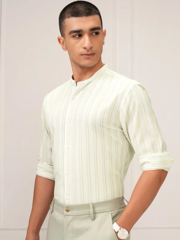 Highlander Men Cream Striped Regular Fit Casual Shirt