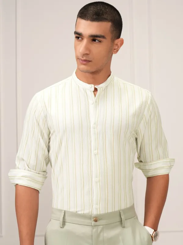 Highlander Men Cream Striped Regular Fit Casual Shirt