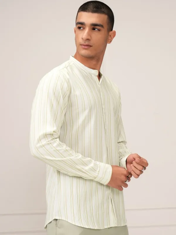 Highlander Men Cream Striped Regular Fit Casual Shirt