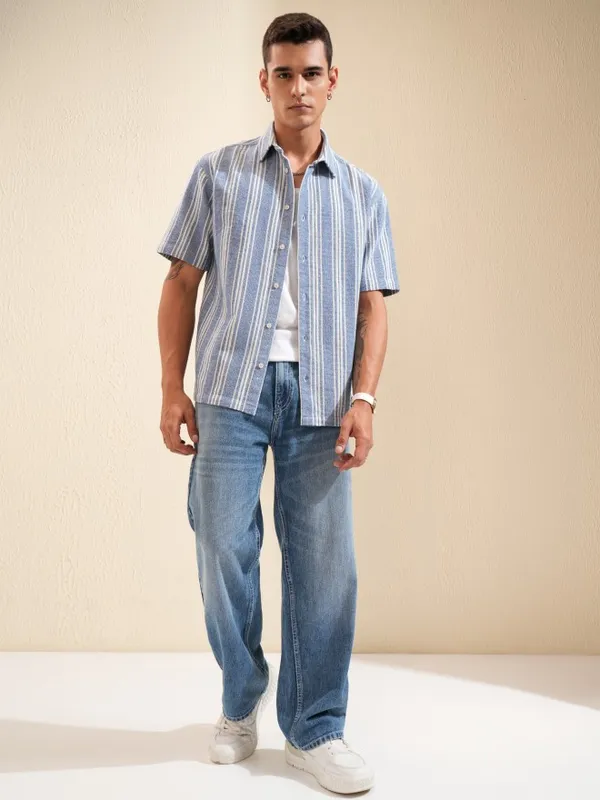 Highlander Men Blue Striped Oversized Fit Casual Shirt