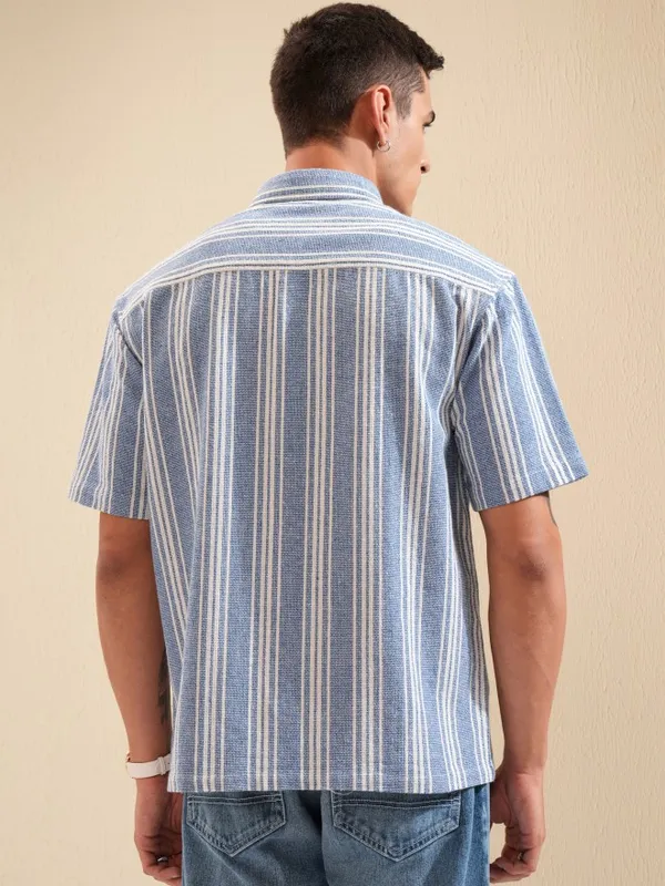 Highlander Men Blue Striped Oversized Fit Casual Shirt