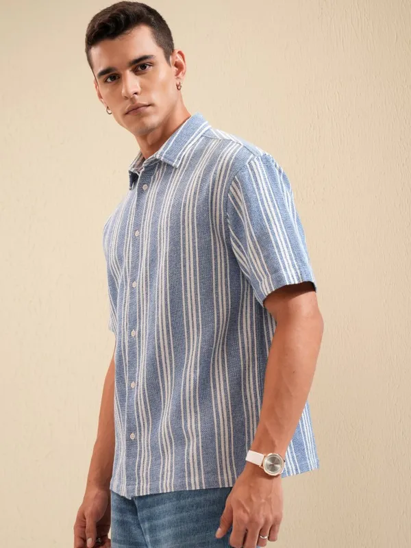 Highlander Men Blue Striped Oversized Fit Casual Shirt