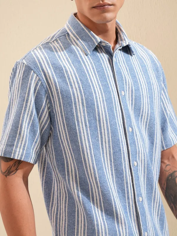 Highlander Men Blue Striped Oversized Fit Casual Shirt