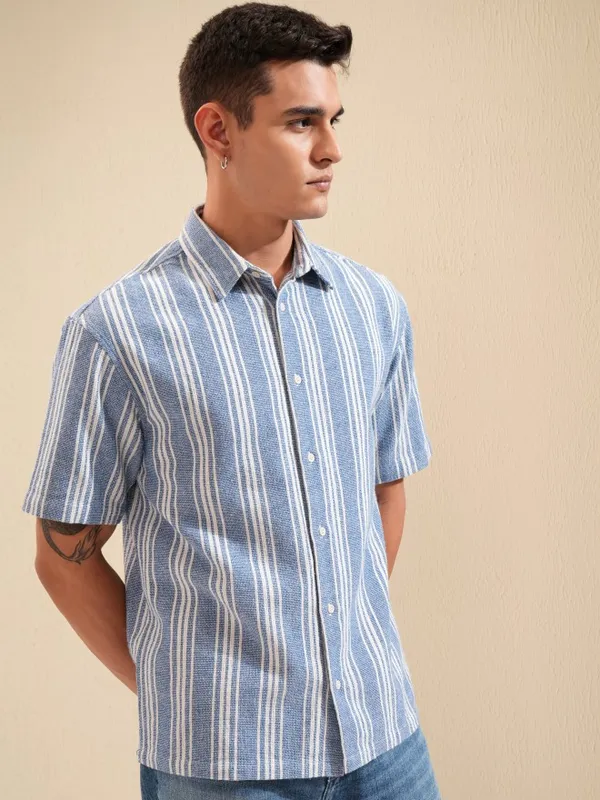 Highlander Men Blue Striped Oversized Fit Casual Shirt