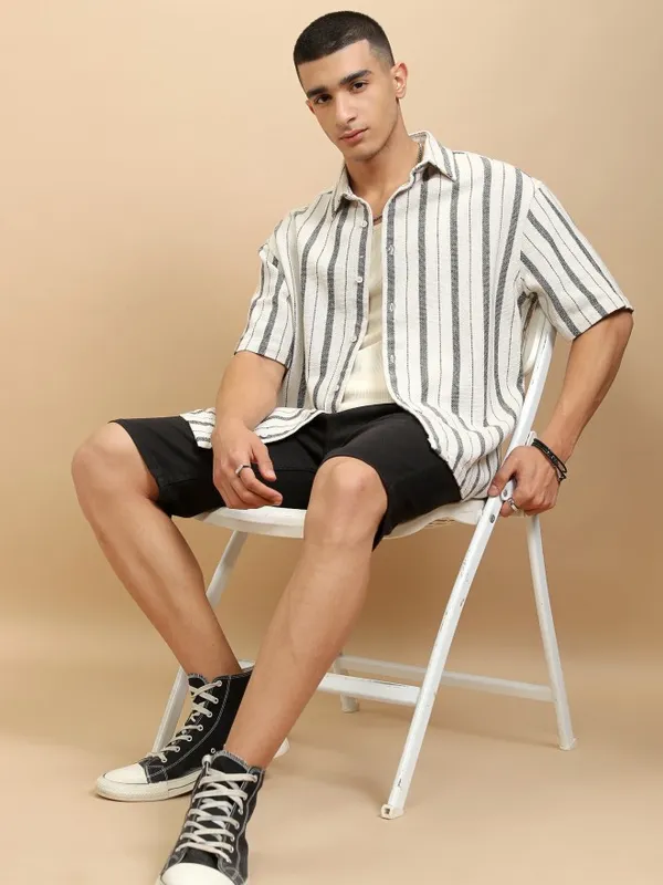 Highlander Men Beige Striped Oversized Fit Casual Shirt