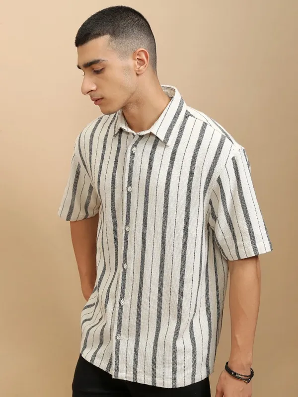 Highlander Men Beige Striped Oversized Fit Casual Shirt
